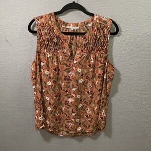 Daniel Rainn Women's Rust Floral Smocked V Neck Sleeveless Blouse Top Large